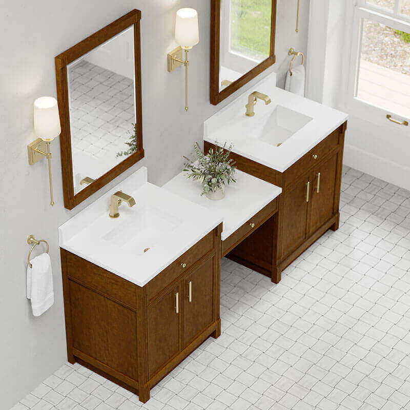 James Martin Bellshire 84 Dual Vanity With 24 Make-Up Counter Honey Oak in Single Hole Faucet White Zeus Silestone Top & Backsplash
