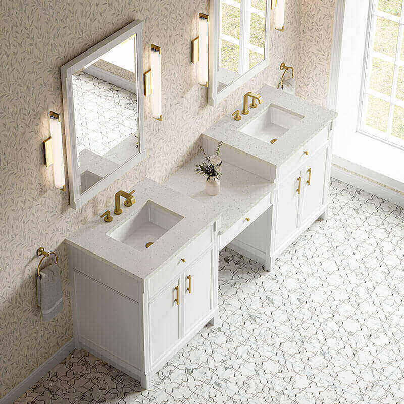 James Martin Bellshire 84 Inch Dual Vanity With 24 Inch Make-Up Counter Bright White in Lime Delight Silestone Top