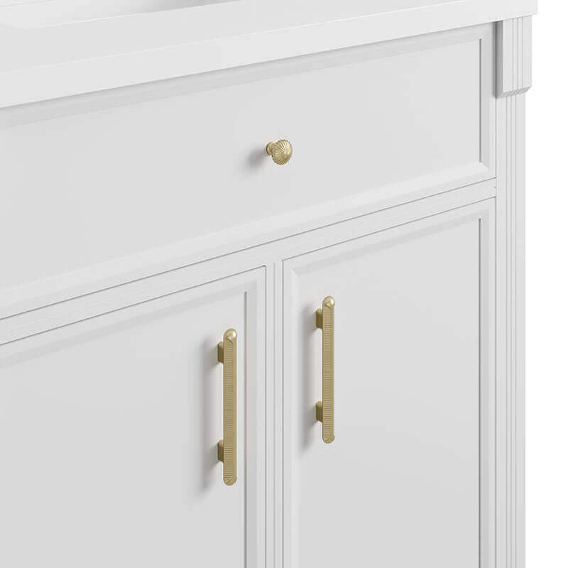 James Martin Bellshire 84 Inch Dual Vanity With 24 Inch Make-Up Counter Bright White in Single Hole Faucet White Zeus Silestone Top & Backsplash Close Up