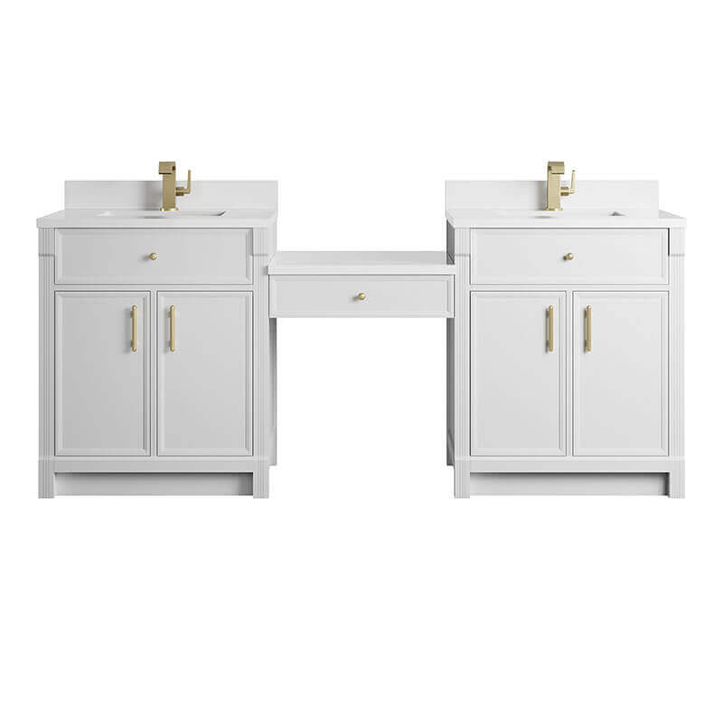 James Martin Bellshire 84 Inch Dual Vanity With 24 Inch Make-Up Counter Bright White in Single Hole Faucet White Zeus Silestone Top & Backsplash Front View