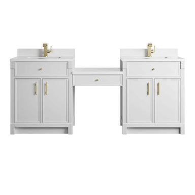 James Martin Bellshire 84 Inch Dual Vanity With 24 Inch Make-Up Counter Bright White in Single Hole Faucet White Zeus Silestone Top & Backsplash Front View