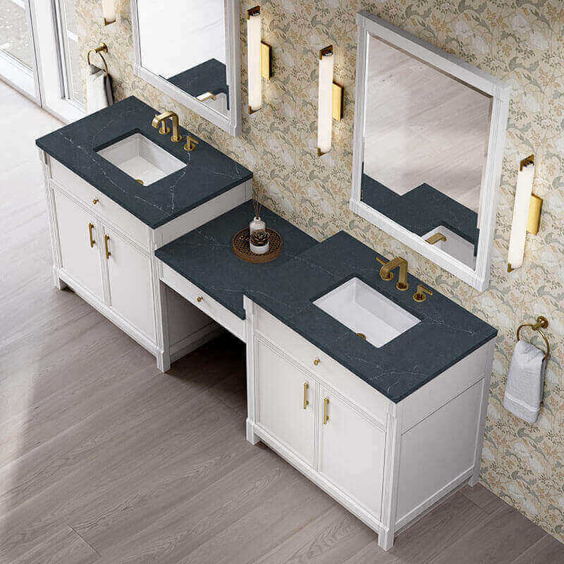 James Martin Bellshire 96 Dual Vanity With 24 Make-Up Counter Bright White in Charcoal Soapstone Silestone Top