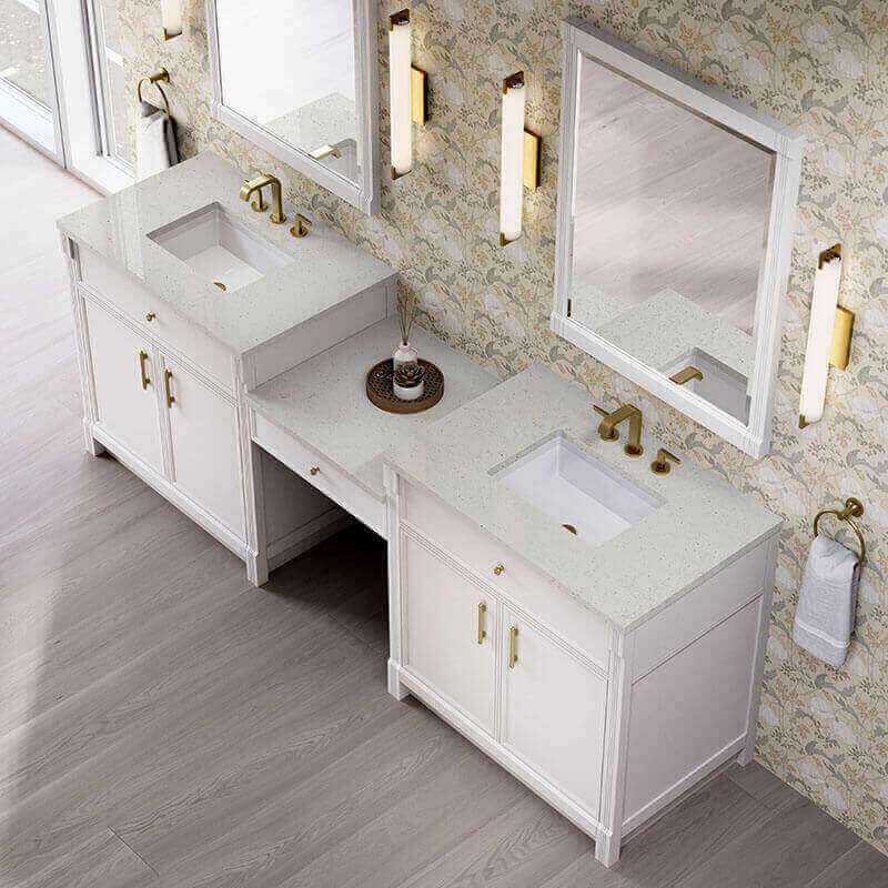 James Martin Bellshire 96" Dual Vanity With 24" Make-Up Counter Bright White in Lime Delight Silestone Top