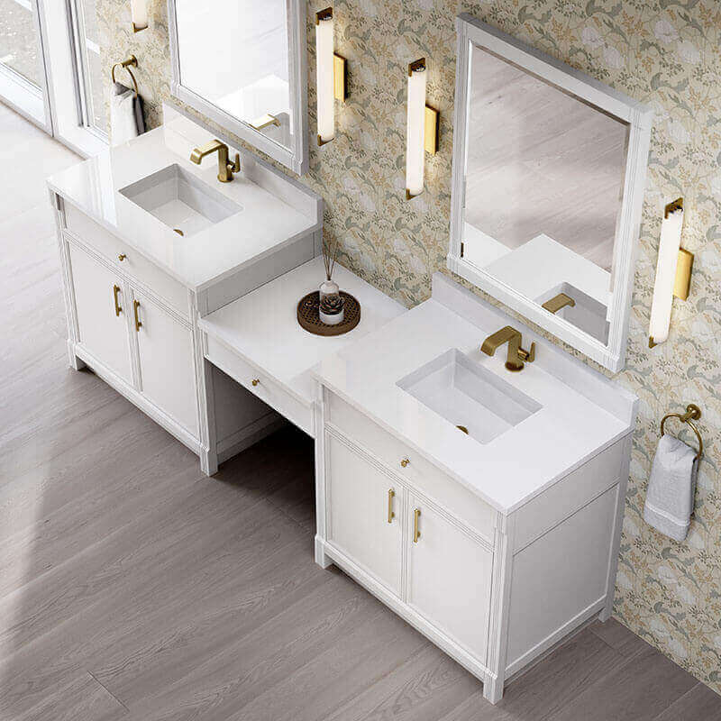 James Martin Bellshire 96 Dual Vanity With 24 Make-Up Counter Bright White in Single Hole Faucet White Zeus Silestone Top & Backsplash
