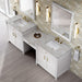 James Martin Bellshire 96 Dual Vanity With 24 Make-Up Counter Bright White in Victorian Silver Silestone Top