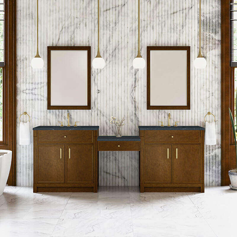 James Martin Bellshire 96 Dual Vanity With 24 Make-Up Counter Honey Oak in Charcoal Soapstone Silestone Top Front View