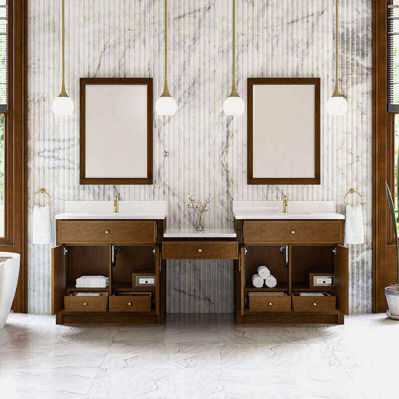 James Martin Bellshire 96 Dual Vanity With 24 Make-Up Counter Honey Oak in Single Hole Faucet White Zeus Silestone Top & Backsplash Front View