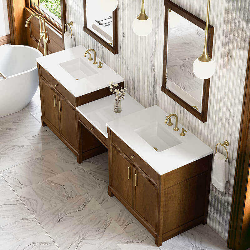 James Martin Bellshire 96 Dual Vanity With 24 Make-Up Counter Honey Oak in White Zeus Silestone Top