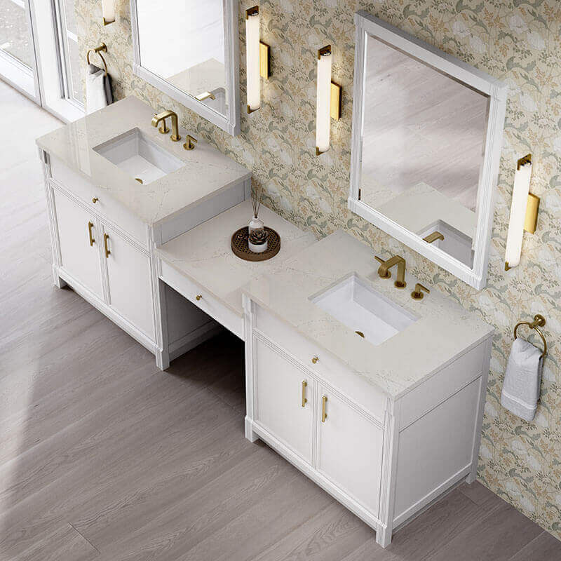 James Martin Bellshire 96 Inch Dual Vanity With 24 Inch Make-Up Counter Bright White in Siberian Silestone Top