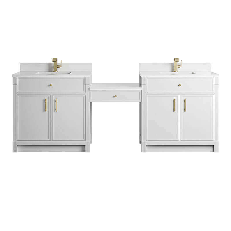 James Martin Bellshire 96 Inch Dual Vanity With 24 Inch Make-Up Counter Bright White in Single Hole Faucet White Zeus Silestone Top & Backsplash Front View