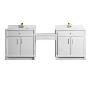 James Martin Bellshire 96 Inch Dual Vanity With 24 Inch Make-Up Counter Bright White in Single Hole Faucet White Zeus Silestone Top & Backsplash Front View