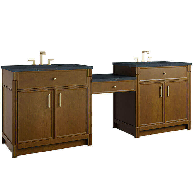 James Martin Bellshire 96 Inch Dual Vanity With 24 Inch Make-Up Counter Honey Oak in Charcoal Soapstone Silestone Top Corner View