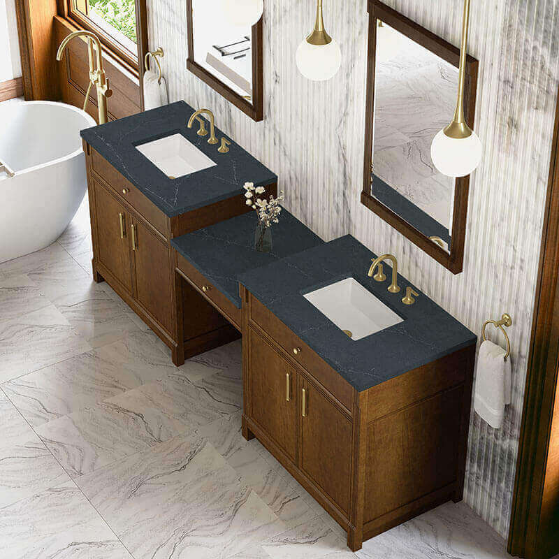 James Martin Bellshire 96 Inch Dual Vanity With 24 Inch Make-Up Counter Honey Oak in Charcoal Soapstone Silestone Top