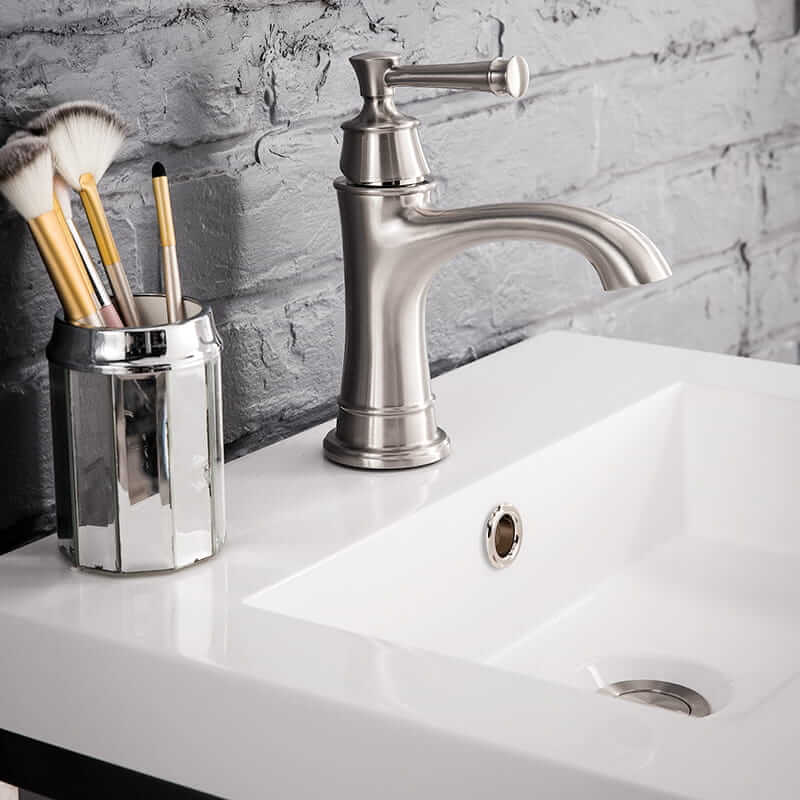 James Martin Boston 20 Inch Single Console Vanity in Brushed Nickel With White Glossy Composite Stone Top Corner View Up Close