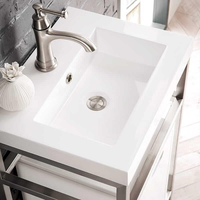 James Martin Boston 20 Inch Single Console Vanity in Brushed Nickel With White Glossy Composite Stone Top With Storage Top View