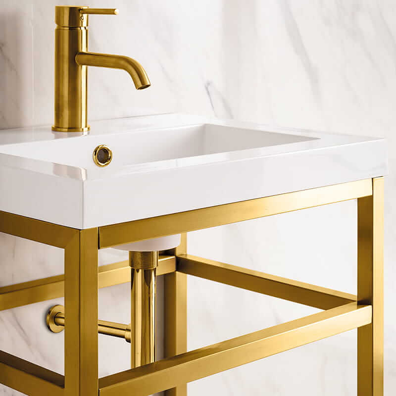 James Martin Boston 20 Inch Single Console Vanity in Radiant Gold With White Glossy Composite Stone Top Corner View Up Close