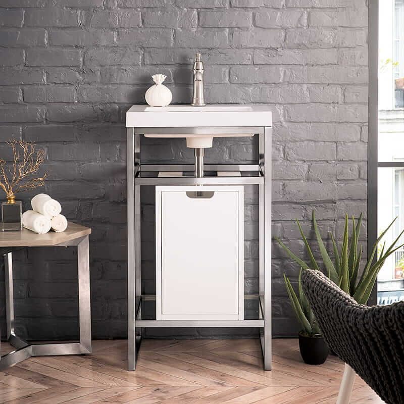 James Martin Boston 20" Single Console Vanity in Brushed Nickel With White Glossy Composite Stone Top With Storage Front View