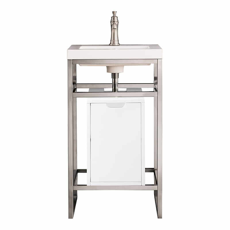 James Martin Boston 20" Single Console Vanity in Brushed Nickel With White Glossy Composite Stone With Storage