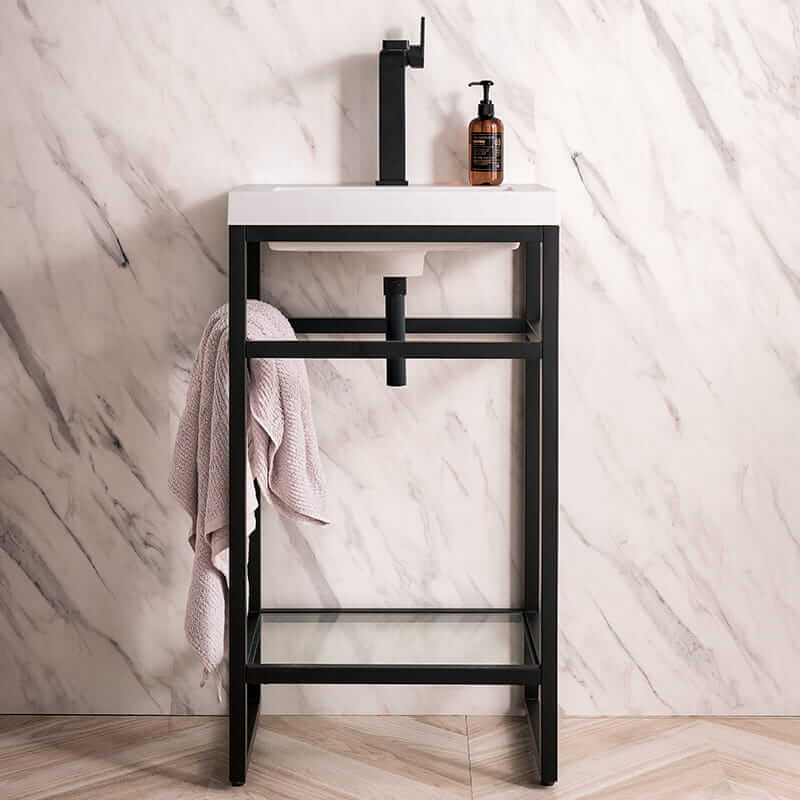 James Martin Boston 20" Single Console Vanity in Matte Black With White Glossy Composite Stone Top Front View