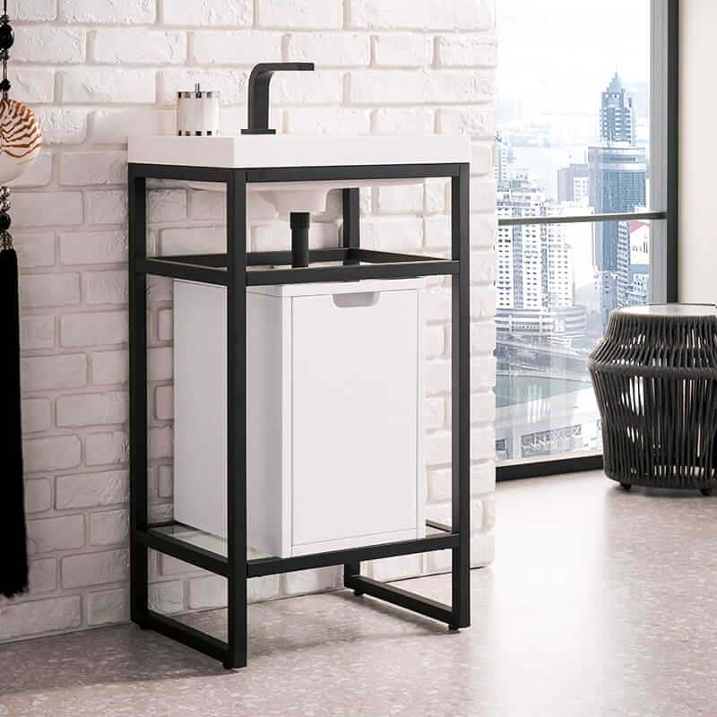 James Martin Boston 20" Single Console Vanity in Matte Black With White Glossy Composite Stone Top With Storage Corner View