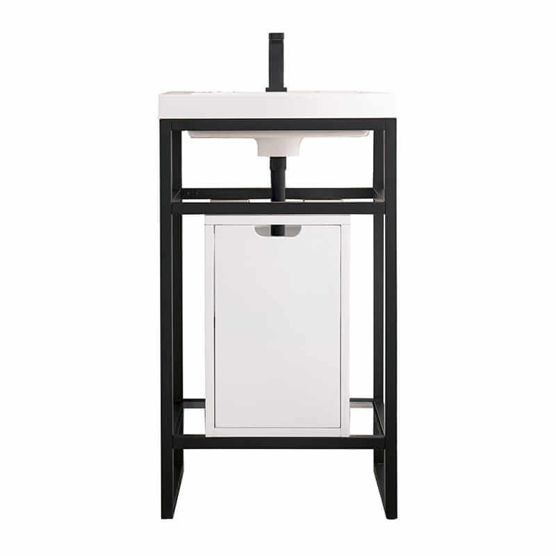 James Martin Boston 20" Single Console Vanity in Matte Black With White Glossy Composite Stone With Storage