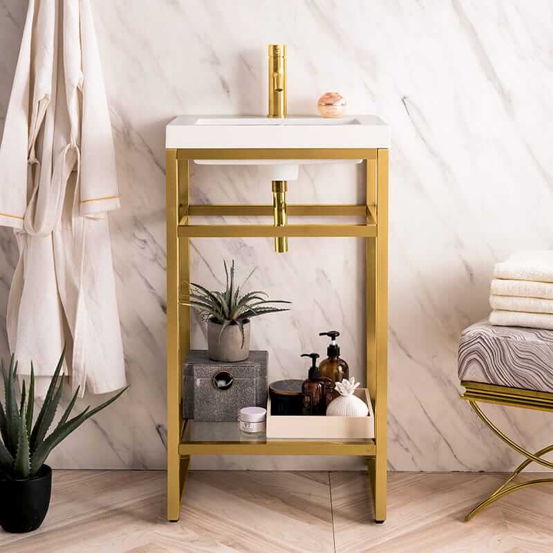 James Martin Boston 20" Single Console Vanity in Radiant Gold With White Glossy Composite Stone Top Front View