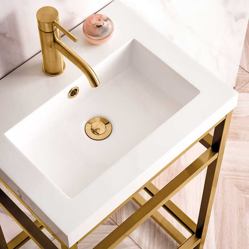 James Martin Boston 20" Single Console Vanity in Radiant Gold With White Glossy Composite Stone Top With Storage Top View