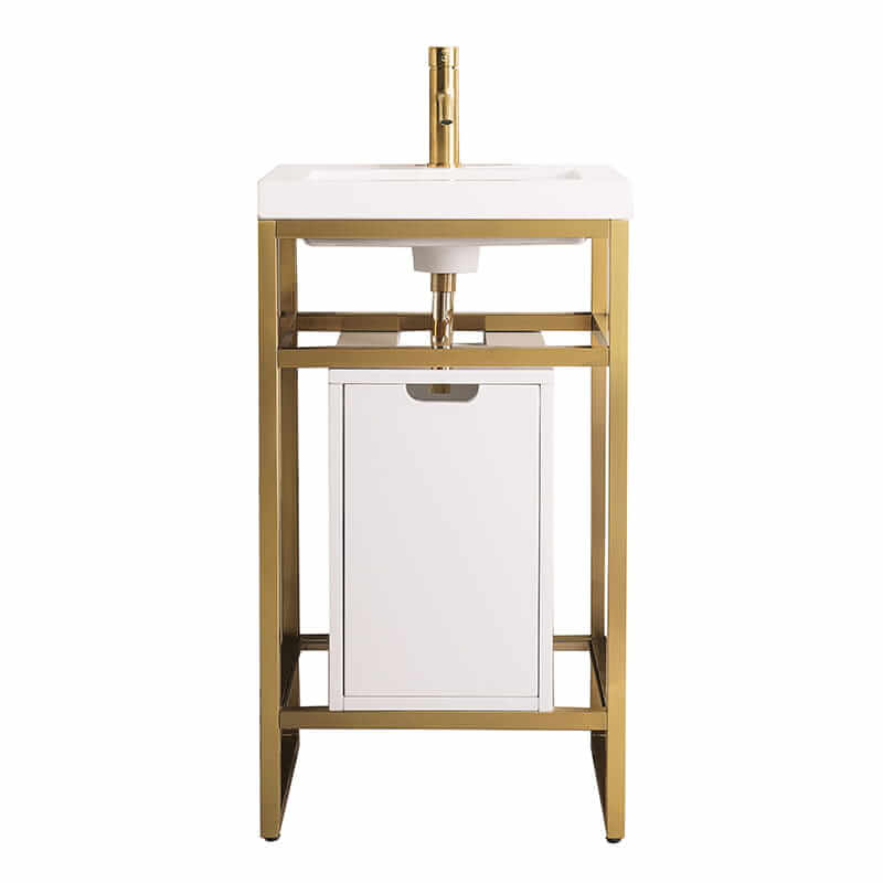 James Martin Boston 20 Single Console Vanity in Radiant Gold With White Glossy Composite Stone With Storage