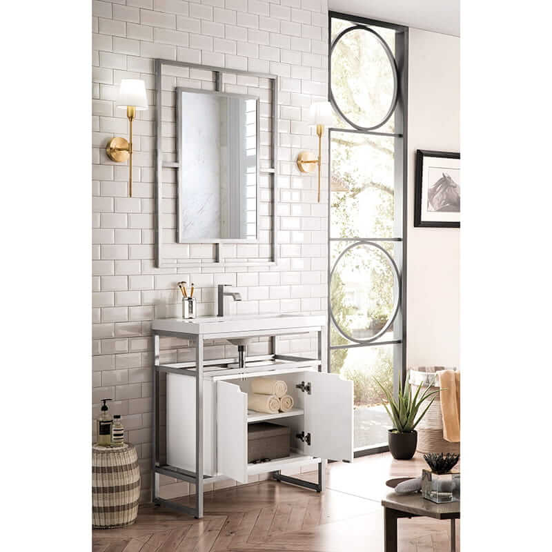 James Martin Boston 31.5 Inch Single Console Vanity in Brushed Nickel With White Glossy Composite Stone Top With Glossy White Storage Corner View Open Door