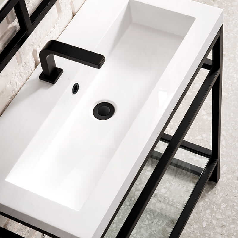 James Martin Boston 31.5 Inch Single Console Vanity in Matte Black With White Glossy Composite Stone Top Top View