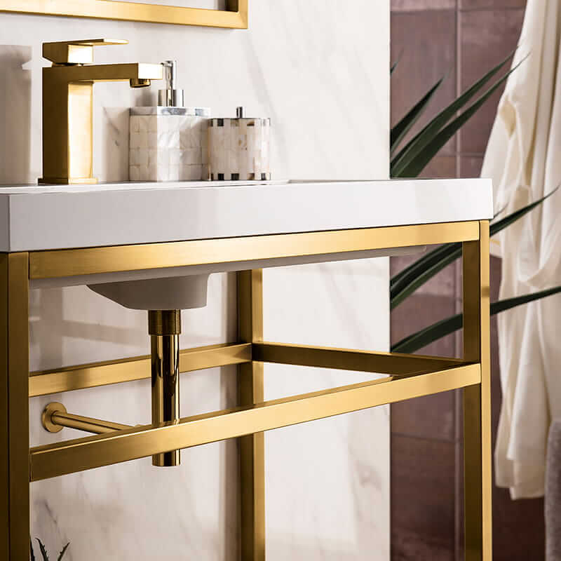 James Martin Boston 31.5 Inch Single Console Vanity in Radiant Gold With White Glossy Composite Stone Top Corner View Up Close