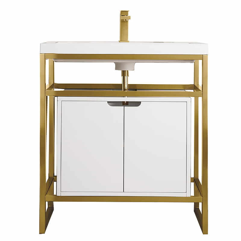 James Martin Boston 31.5 Inch Single Console Vanity in Radiant Gold With White Glossy Composite Stone Top With Glossy White Storage