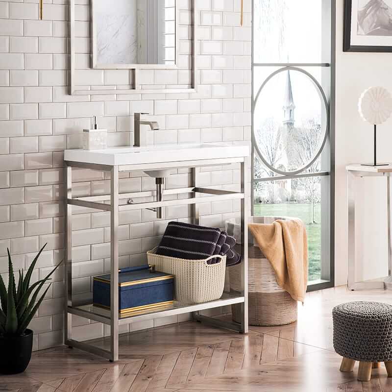 James Martin Boston 31.5" Single Console Vanity in Brushed Nickel With White Glossy Composite Stone Top Corner View