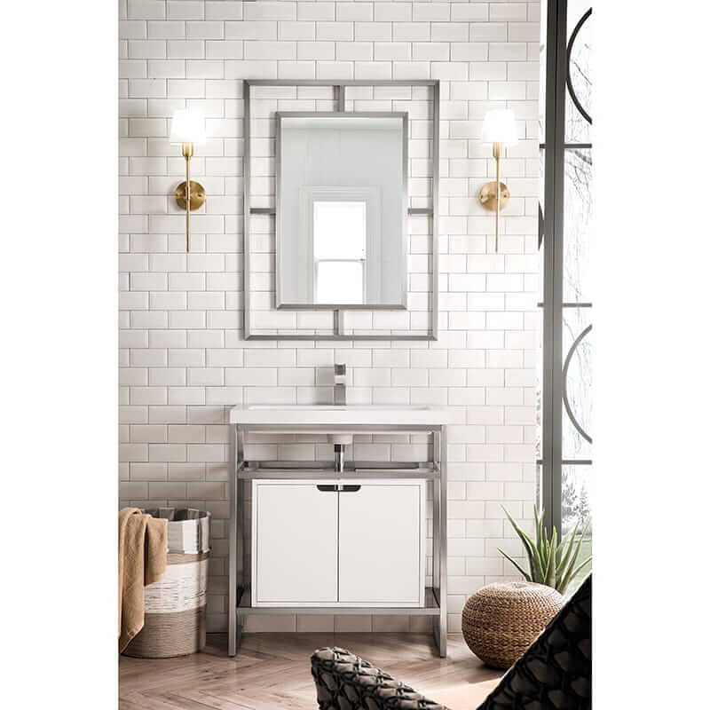 James Martin Boston 31.5" Single Console Vanity in Brushed Nickel With White Glossy Composite Stone Top With Glossy White Storage Front View