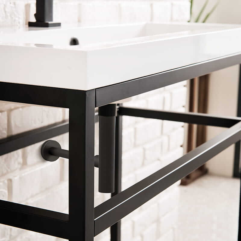 James Martin Boston 31.5" Single Console Vanity in Matte Black With White Glossy Composite Stone Top Corner View Up Close
