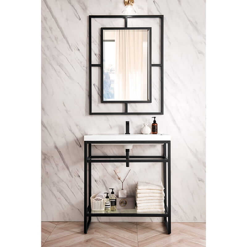 James Martin Boston 31.5" Single Console Vanity in Matte Black With White Glossy Composite Stone Top Front View