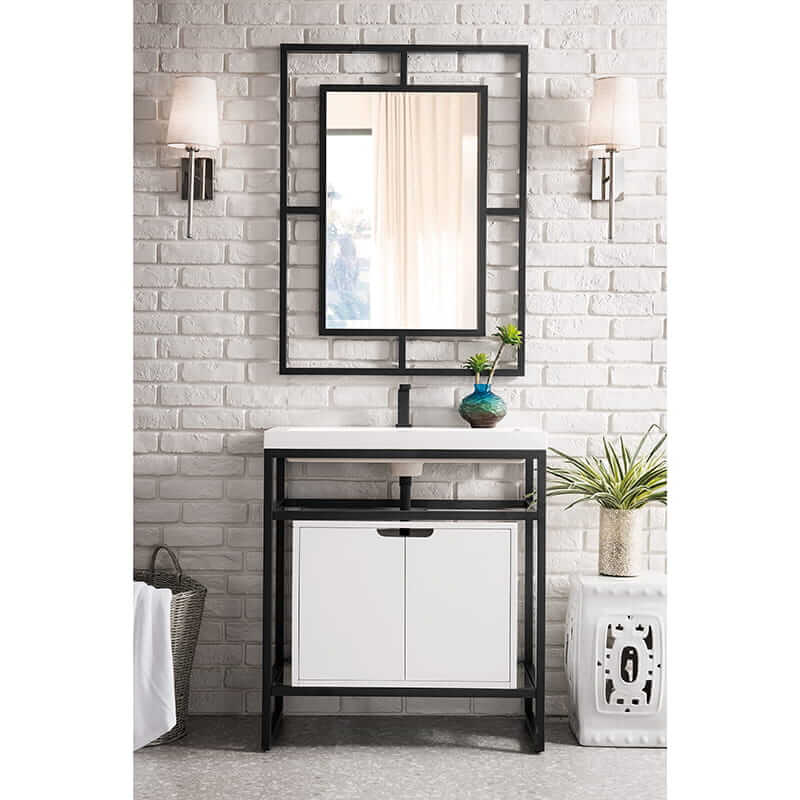 James Martin Boston 31.5" Single Console Vanity in Matte Black With White Glossy Composite Stone Top With Glossy White Storage Front View