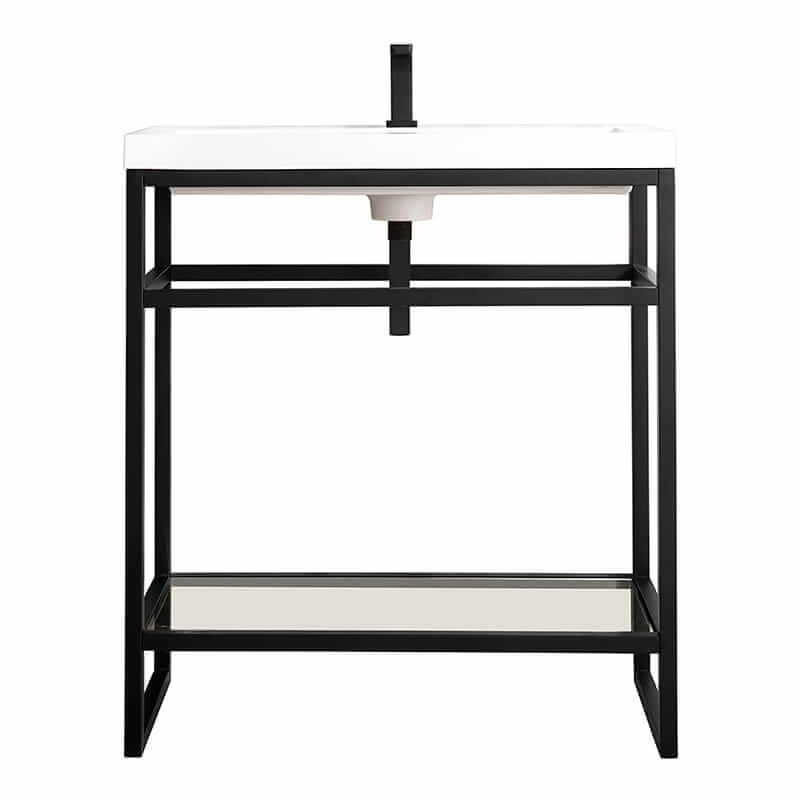 James Martin Boston 31.5" Single Console Vanity in Matte Black With White Glossy Composite Stone Top