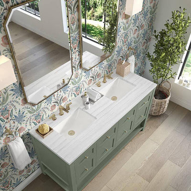 James Martin Breckenridge 60 Double Vanity Smokey Celadon With Arctic Fall Solid Surface Top