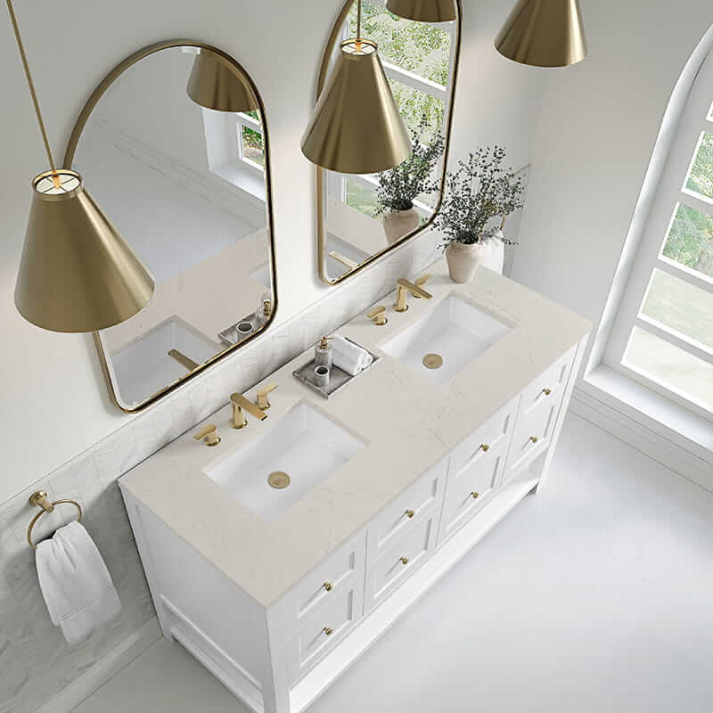 James Martin Breckenridge 60 Inch Double Vanity in Bright White With Siberian Silestone Top