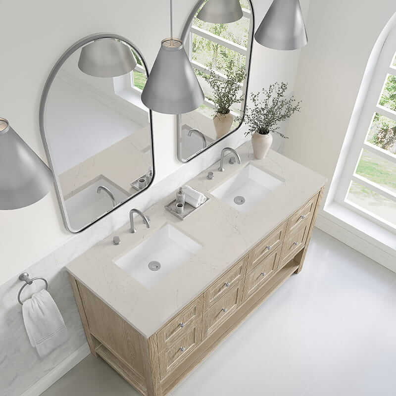 James Martin Breckenridge 60 Inch Double Vanity in Whitewashed Oak With Siberian Silestone Top
