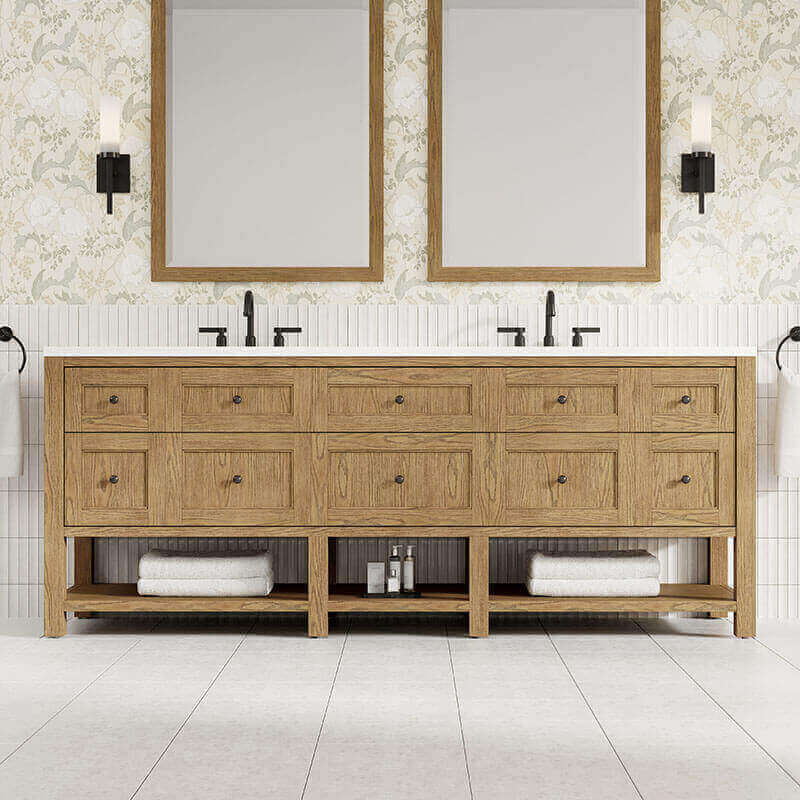 James Martin Breckenridge 84" Double Vanity Light Natural Oak in White Zeus Silestone Top Front View