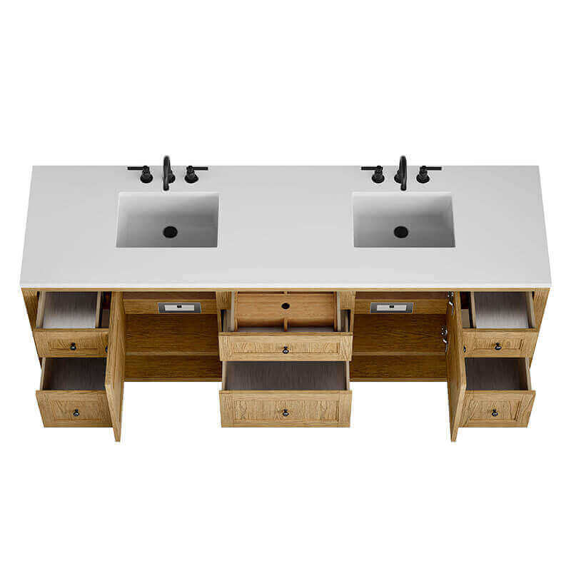 James Martin Breckenridge 84" Double Vanity Light Natural Oak in White Zeus Silestone Top Open Drawers Top View