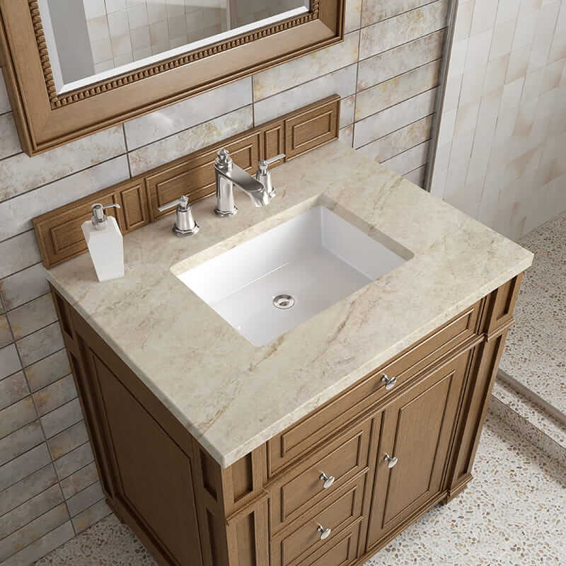 James Martin Bristol 30 Inch Single Vanity in Saddle Brown With Tajnar Eclos Top