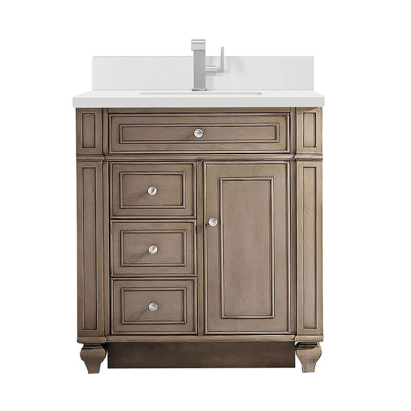 James Martin Bristol 30 Inch Single Vanity Whitewashed Walnut With Single Hole Faucet White Zeus Silestone Top Backsplash