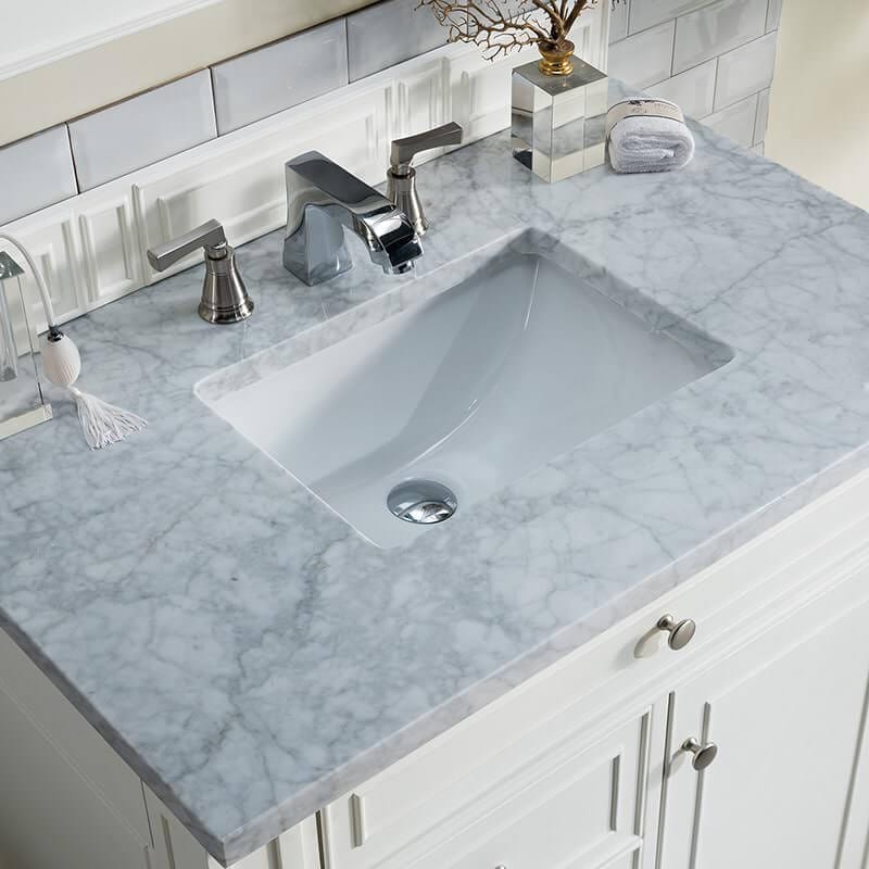 James Martin Bristol 36 Inch Single Vanity in Bright White With Carrara Marble Top