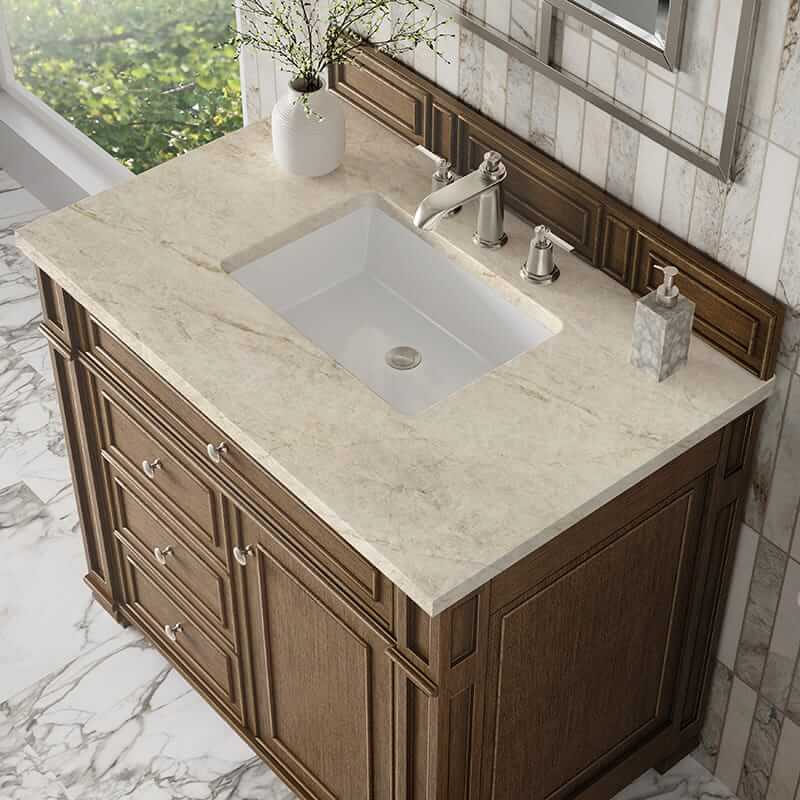 James Martin Bristol 36 Inch Single Vanity in Saddle Brown With Tajnar Eclos Top