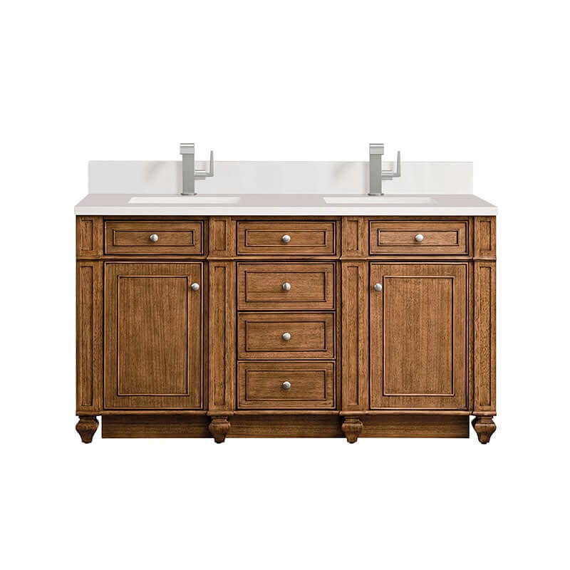 James Martin Bristol 60" Double Vanity Saddle Brown With Single Hole Faucet White Zeus Silestone Top Backsplash