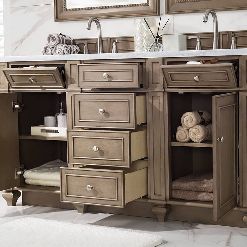 James Martin Bristol 60" Double Vanity Whitewashed Walnut Open Drawers