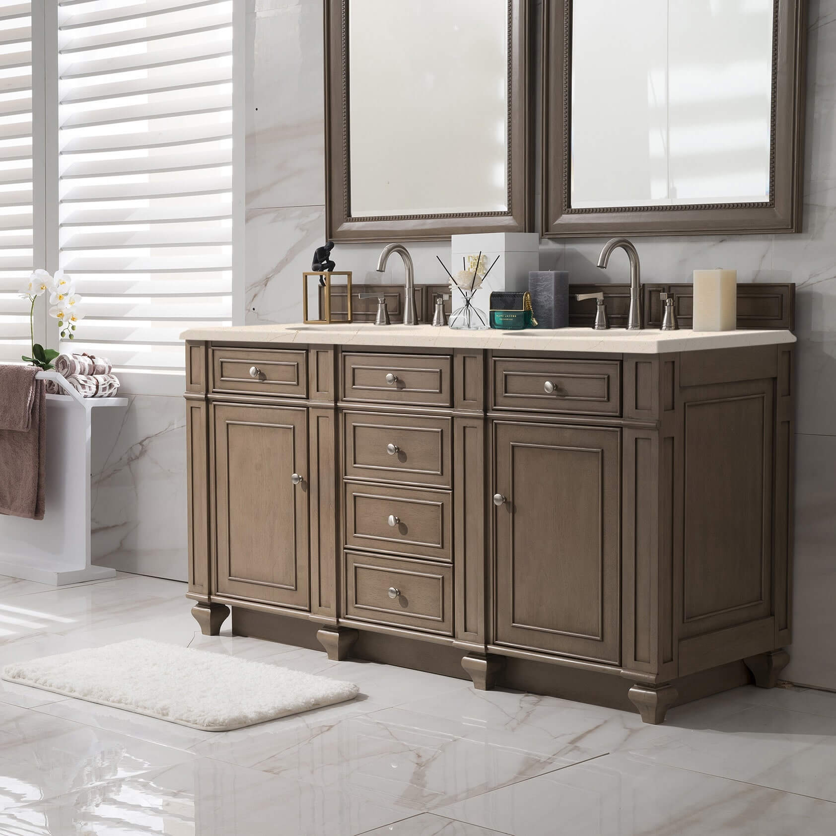 James Martin Bristol 60" Double Vanity Whitewashed Walnut With Eternal Marfil Silestone Top